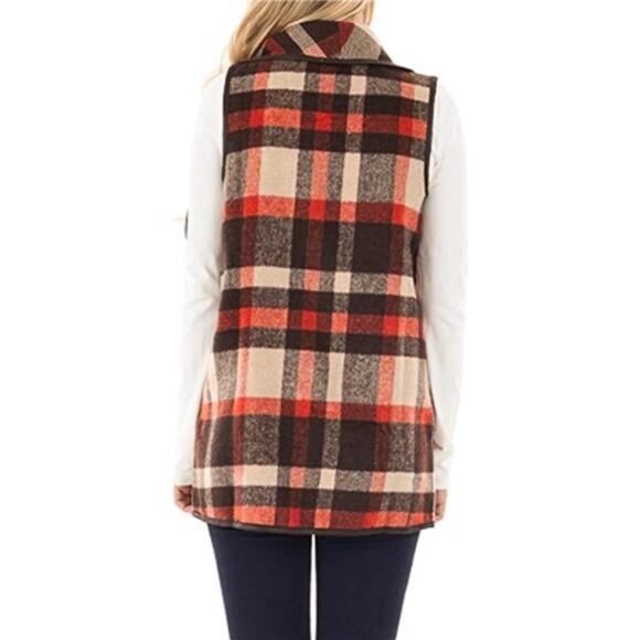 Women Plaid Vest Lapel Open Front Sleeveless Jacket Outerwear Cardigan - Picture 3 of 7